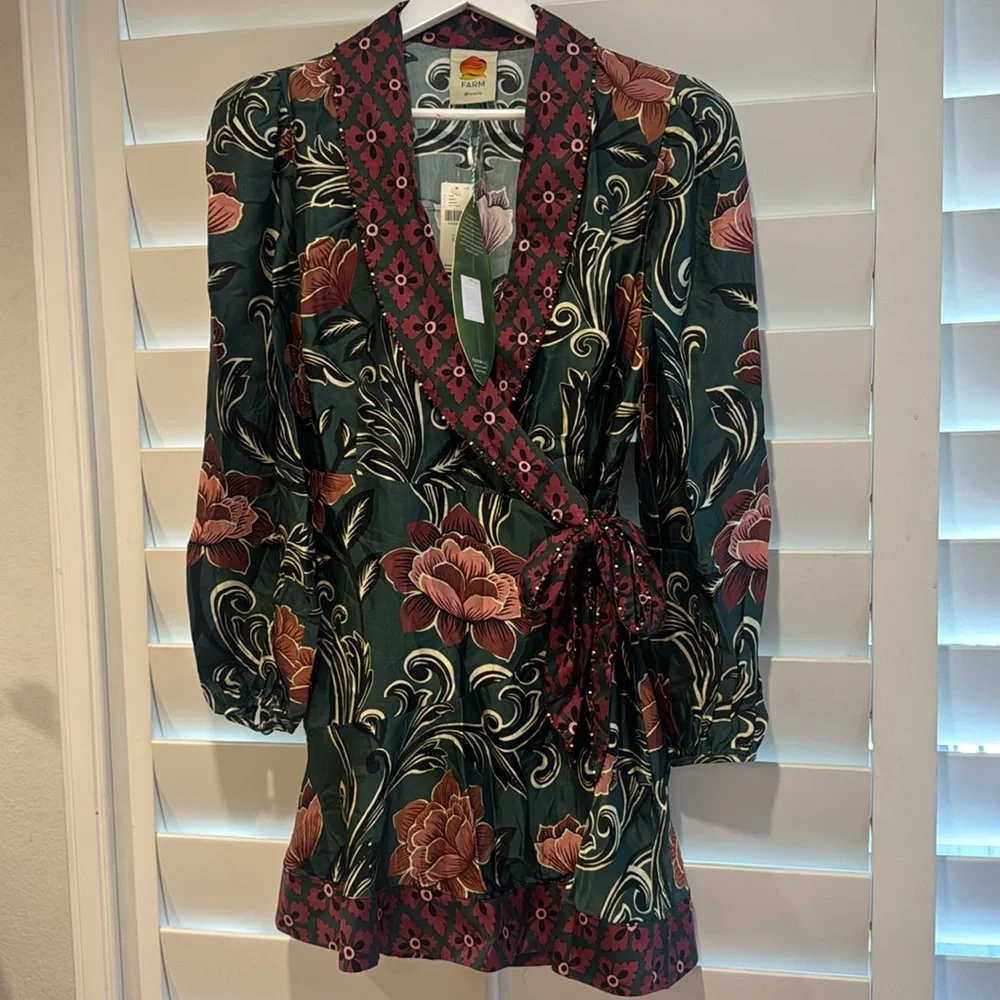 FARM RIO ANTHROPOLOGIE NWT Arabesque Long Sleeve Wrap Mini Dress XS Floral Print - Picture 5 of 12